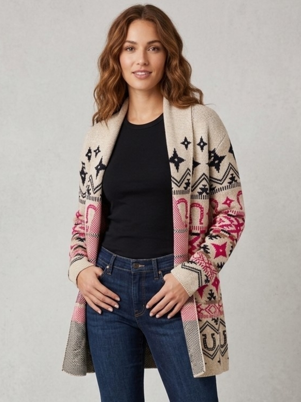 Lucky Brand Cream and Pink Patterned Open-Front Cardigan